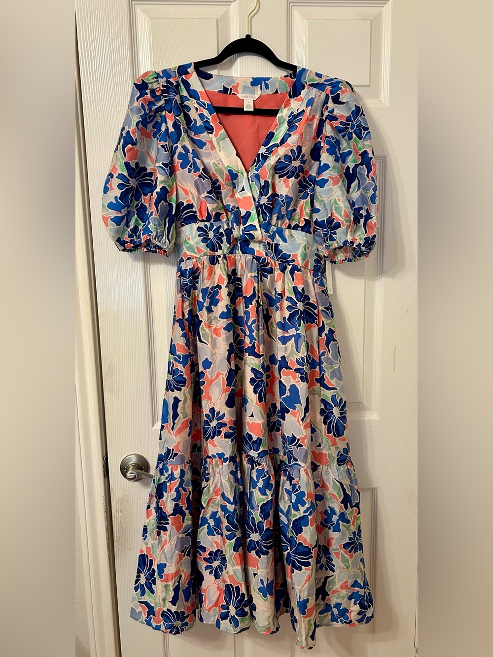 Caslon Floral Puff-Sleeve Midi Dress in Blue & Coral